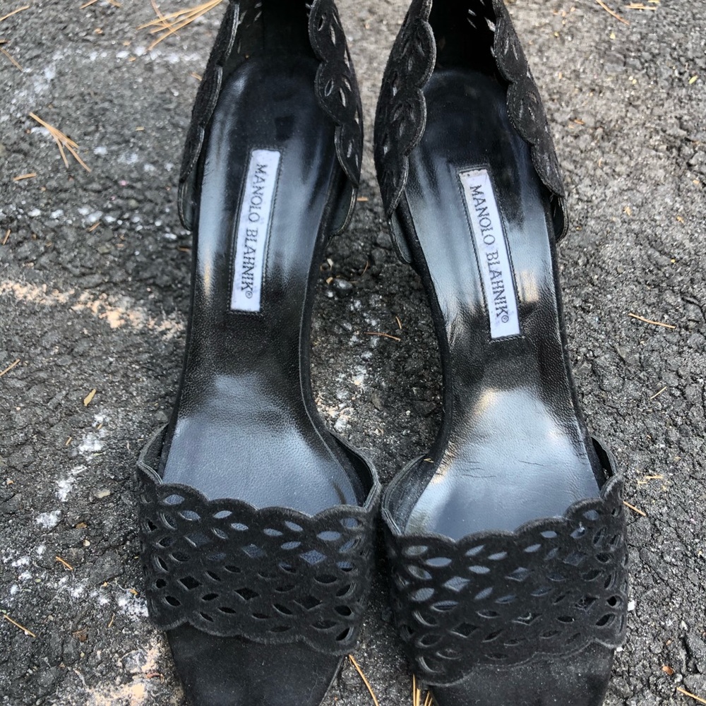 Manolo Blahnik Black “Lace” Suede Heels